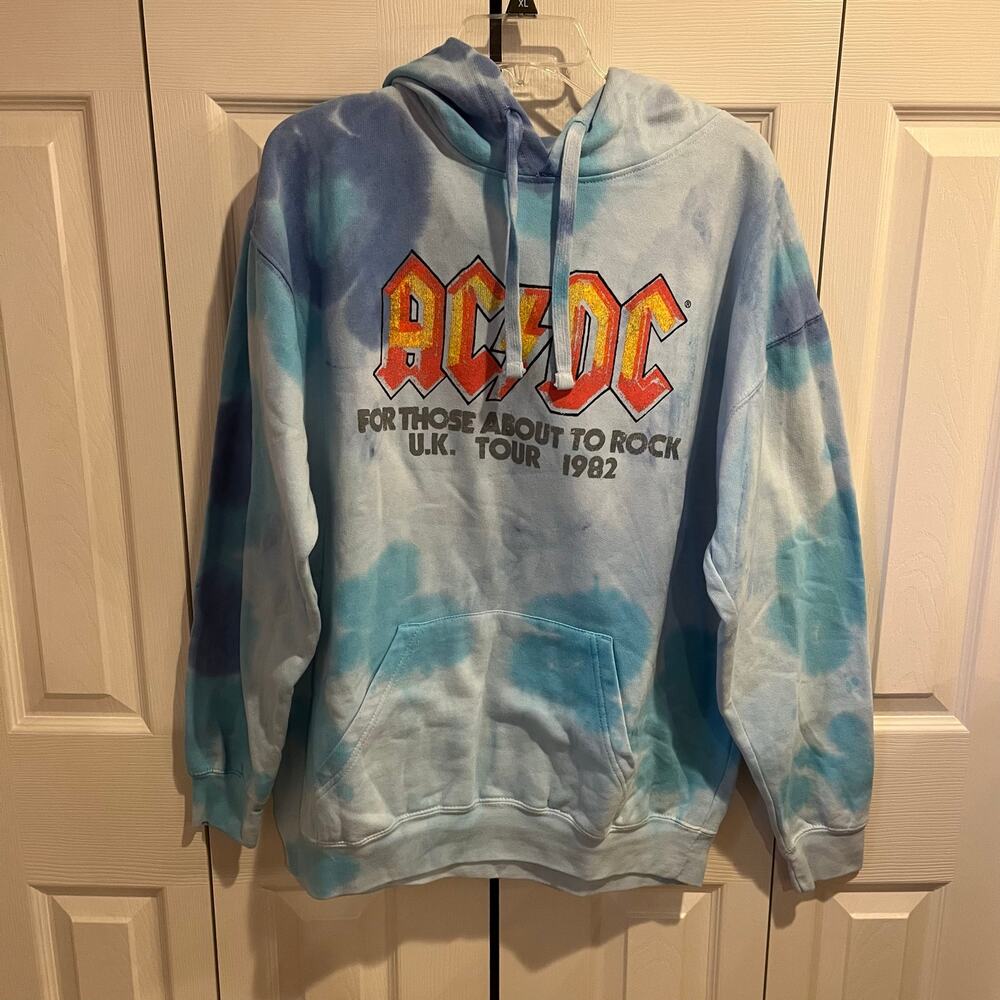 ACDC Sweatshirt For Those About To Rock U.K. Tour 1982 Tie Dye Hoodie Blue 1X